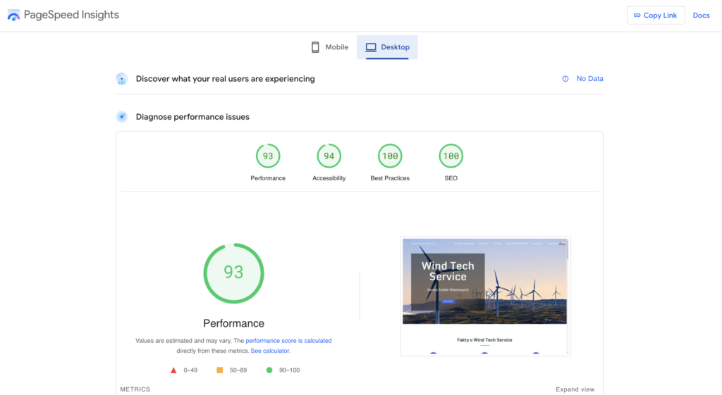 mcreate szybkość ładowania strony internetowej