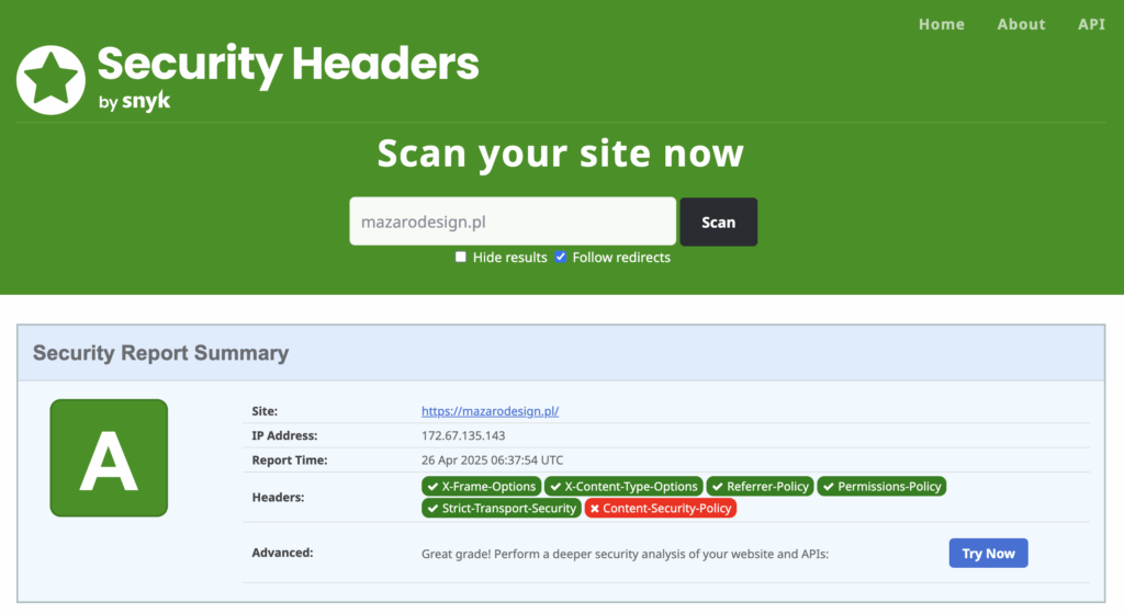 raport bezpieczeństwa Security Headers
