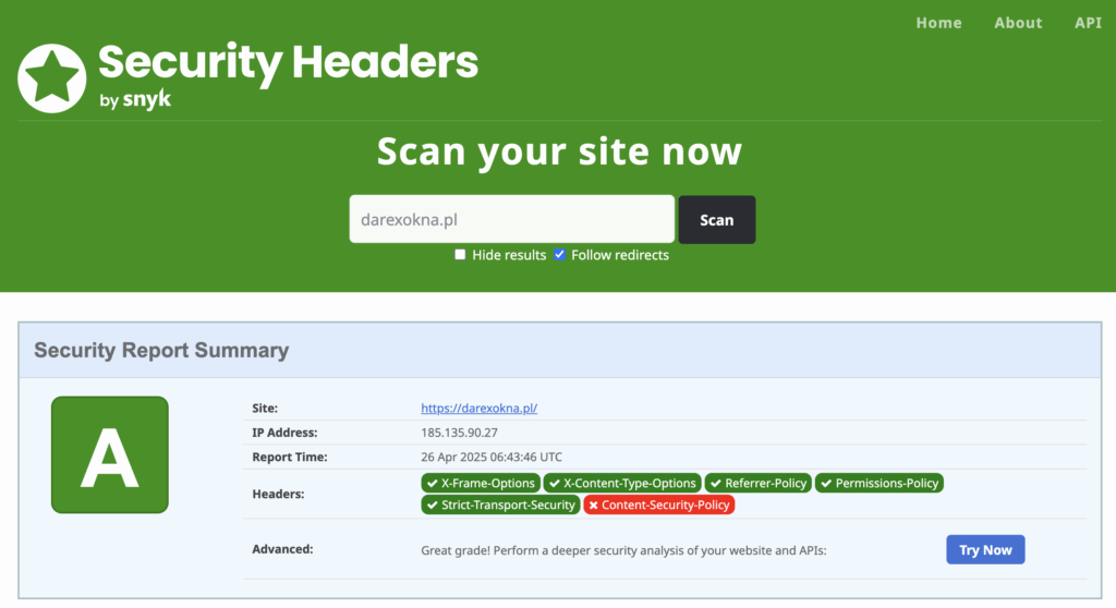 raport bezpieczeństwa Security Headers