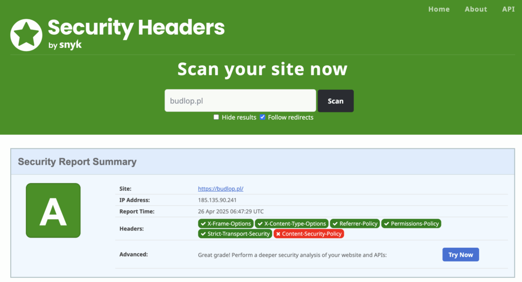 raport bezpieczeństwa Security Headers