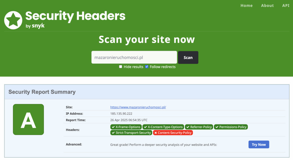 raport bezpieczeństwa Security Headers