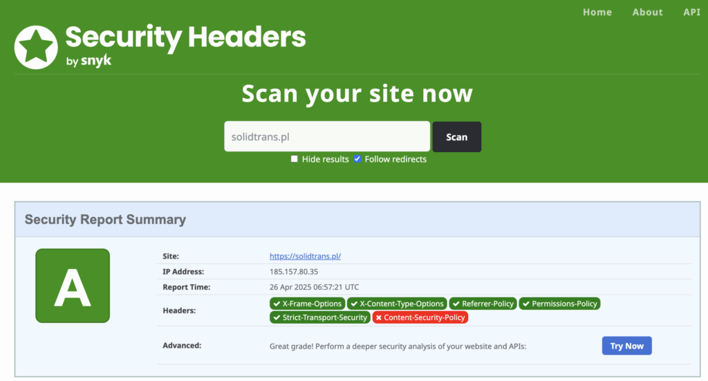 raport bezpieczeństwa Security Headers