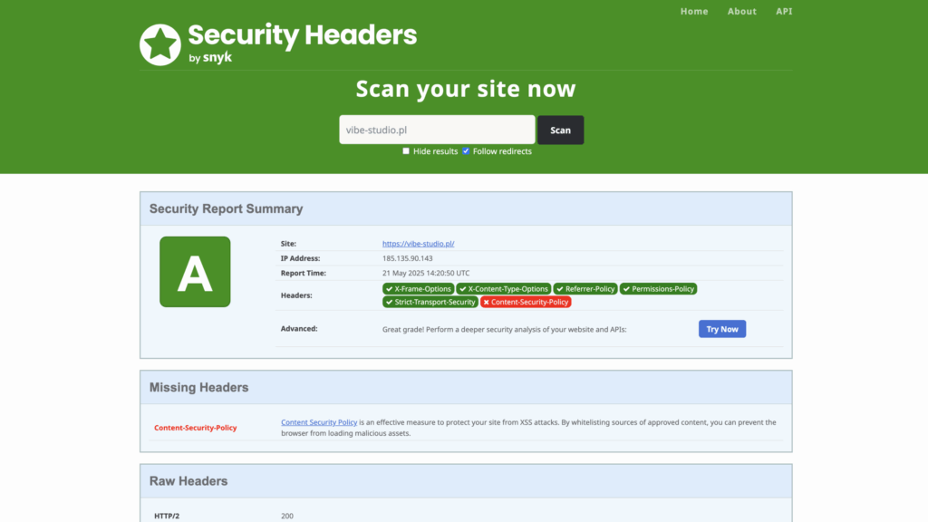 vibe-studio.pl wyniki testów bezpieczeństwa