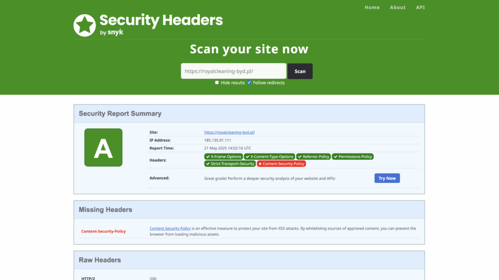 strona internetowa royalcleaning-byd.pl - wyniki testów security headers