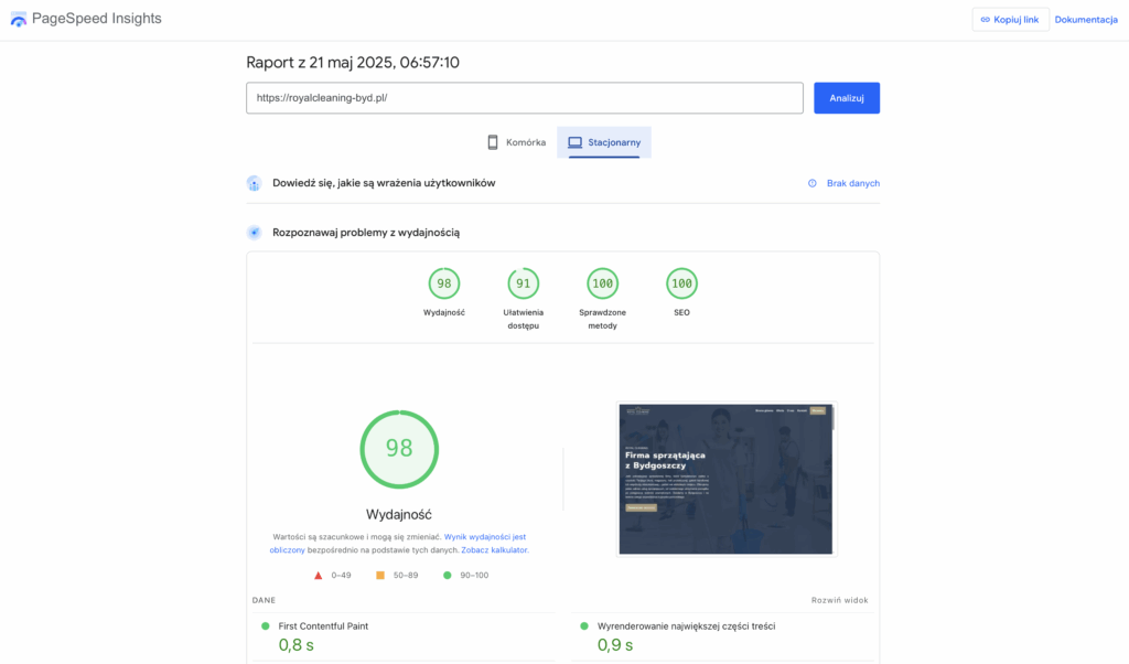 strona internetowa royalcleaning-byd.pl - wyniki testów pagespeed