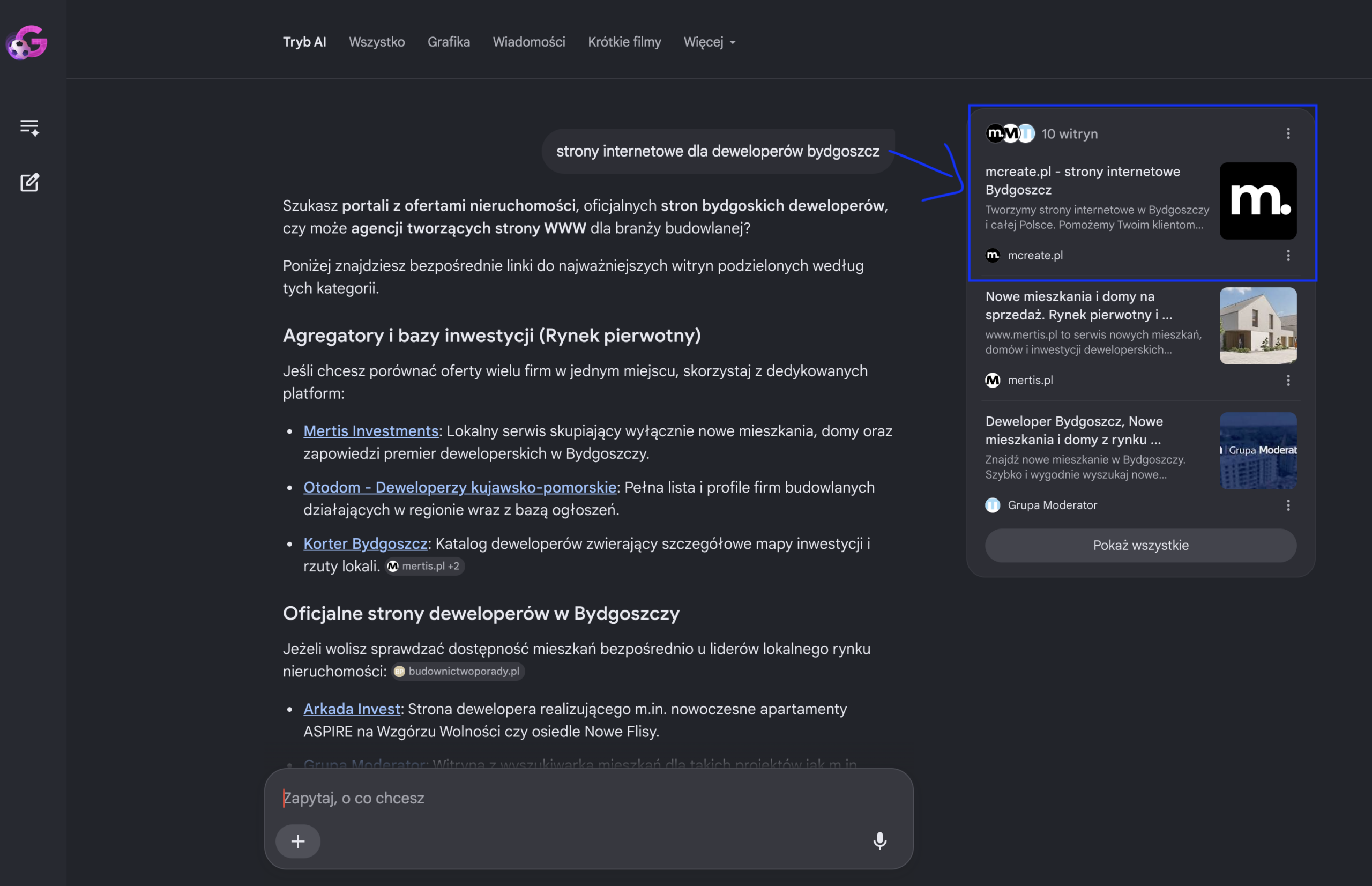 AI poleca stronę mcreate.pl